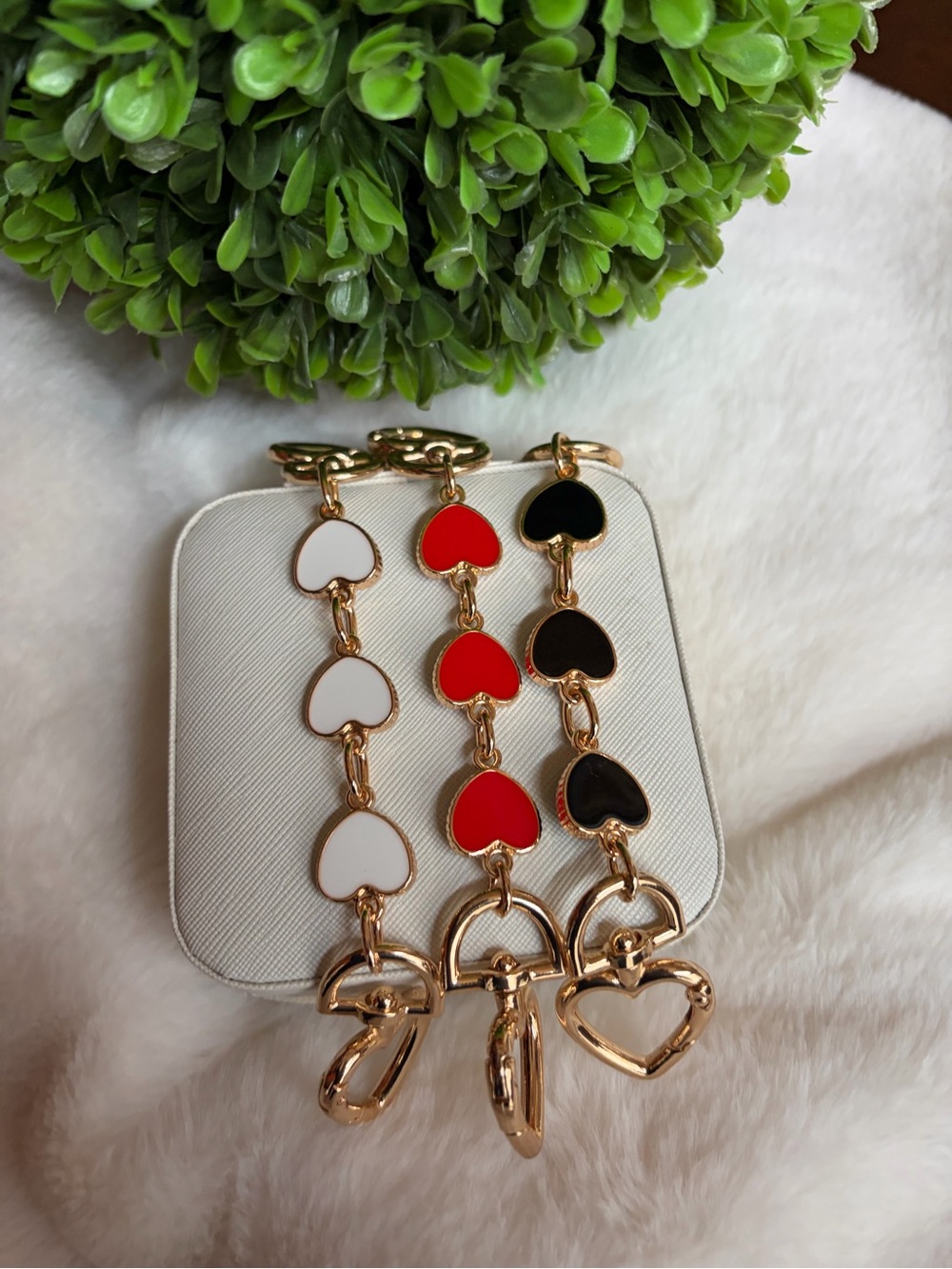 Gold Heart Link Keychain Bracelet with White/Red/Black Enamel Hearts choose 1